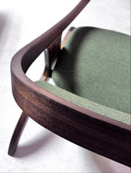 Close-up of a chair with green cushion and dark wooden frame on a white background