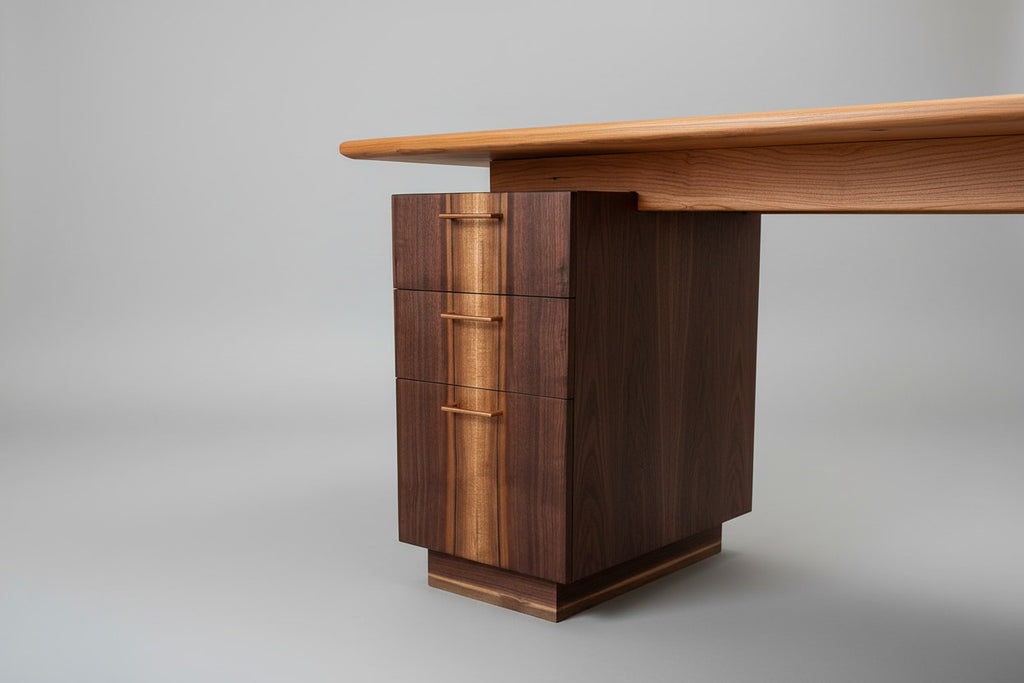 Wooden desk with drawers on a gray background