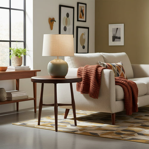 Living room with a beige sofa, wooden side table, and decorative elements.