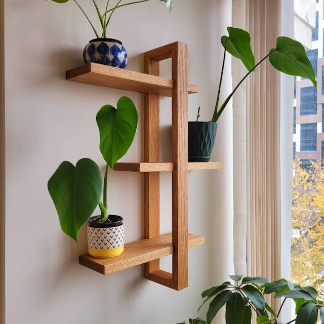Wooden wall shelf with potted plants against a window with curtains.