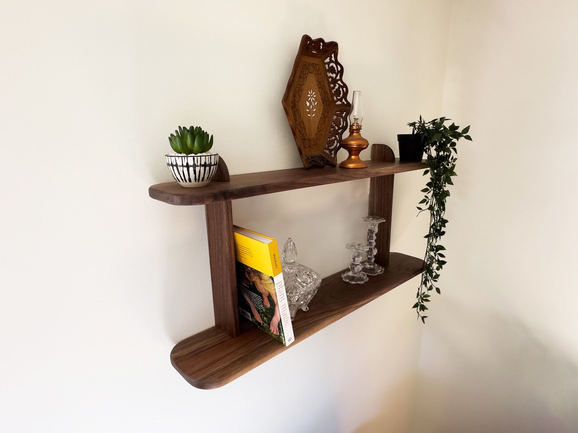 Solid Walnut Floating 2 Tier Wall Shelf for Plants, Books, and Photos.