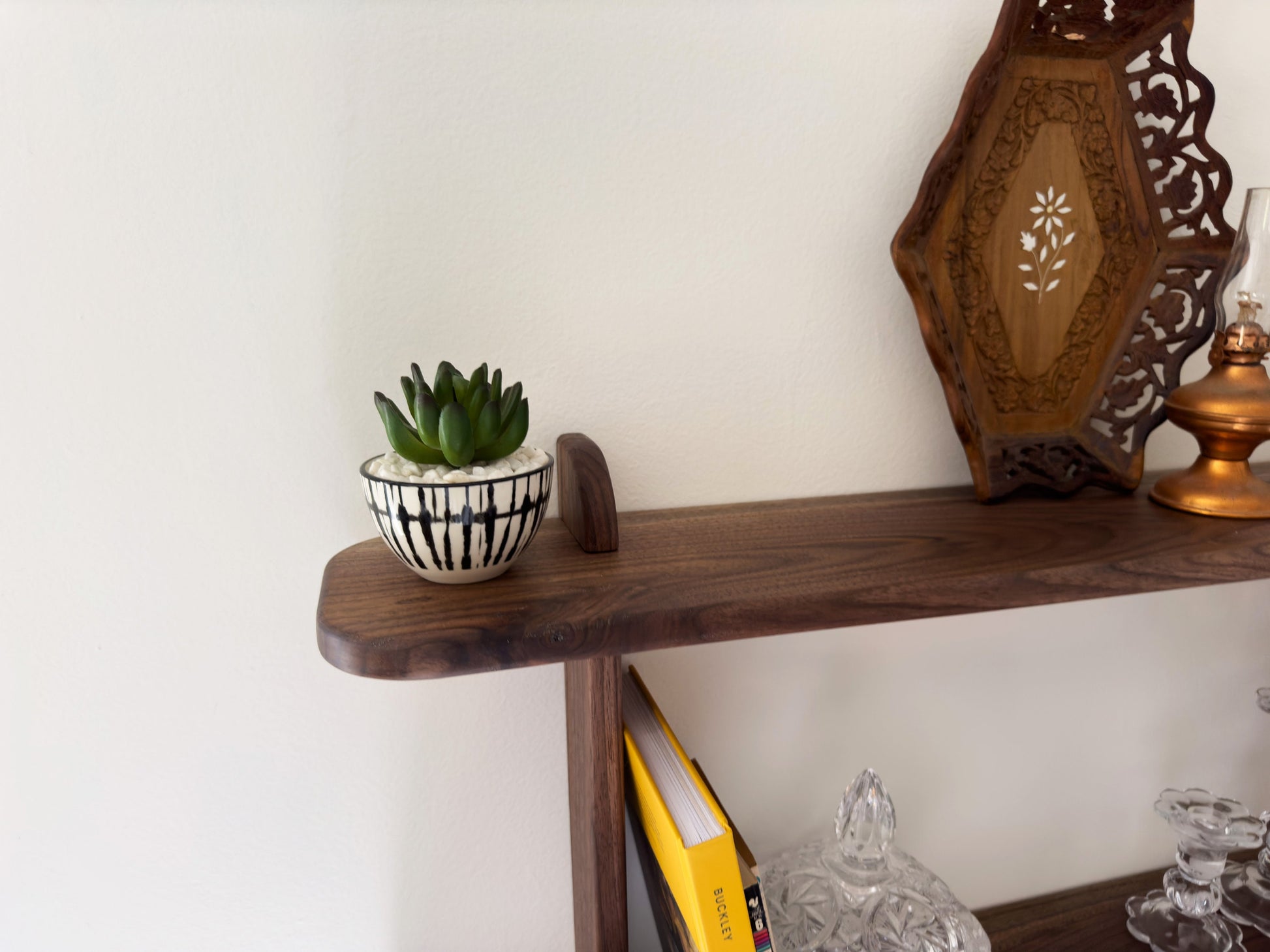 Solid Walnut Floating 2 Tier Wall Shelf for Plants, Books, and Photos.