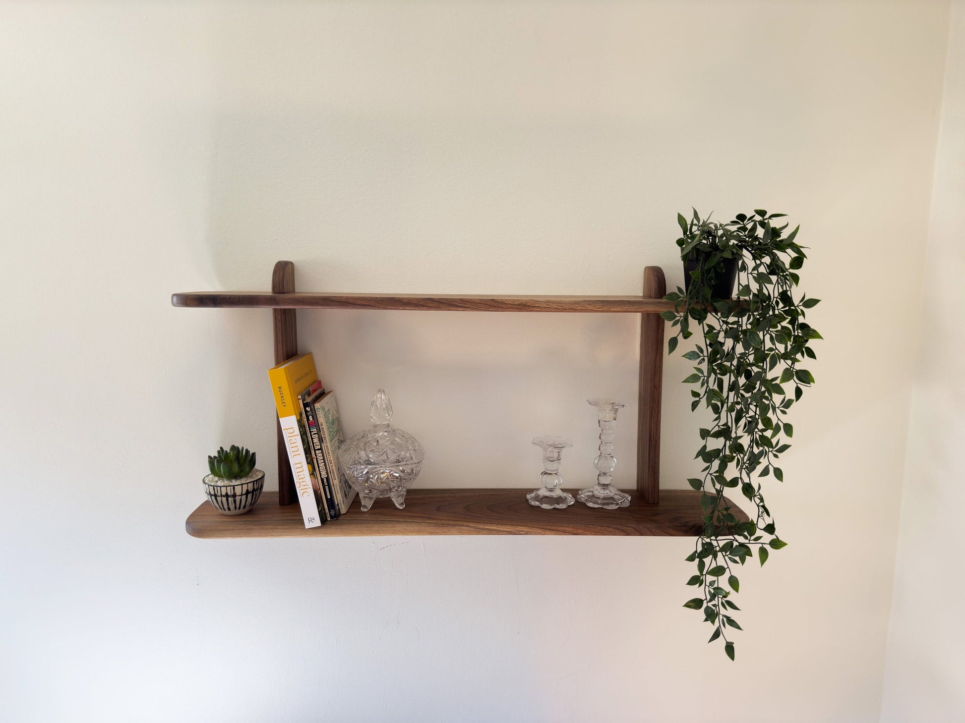 Solid Walnut Floating 2 Tier Wall Shelf for Plants, Books, and Photos.