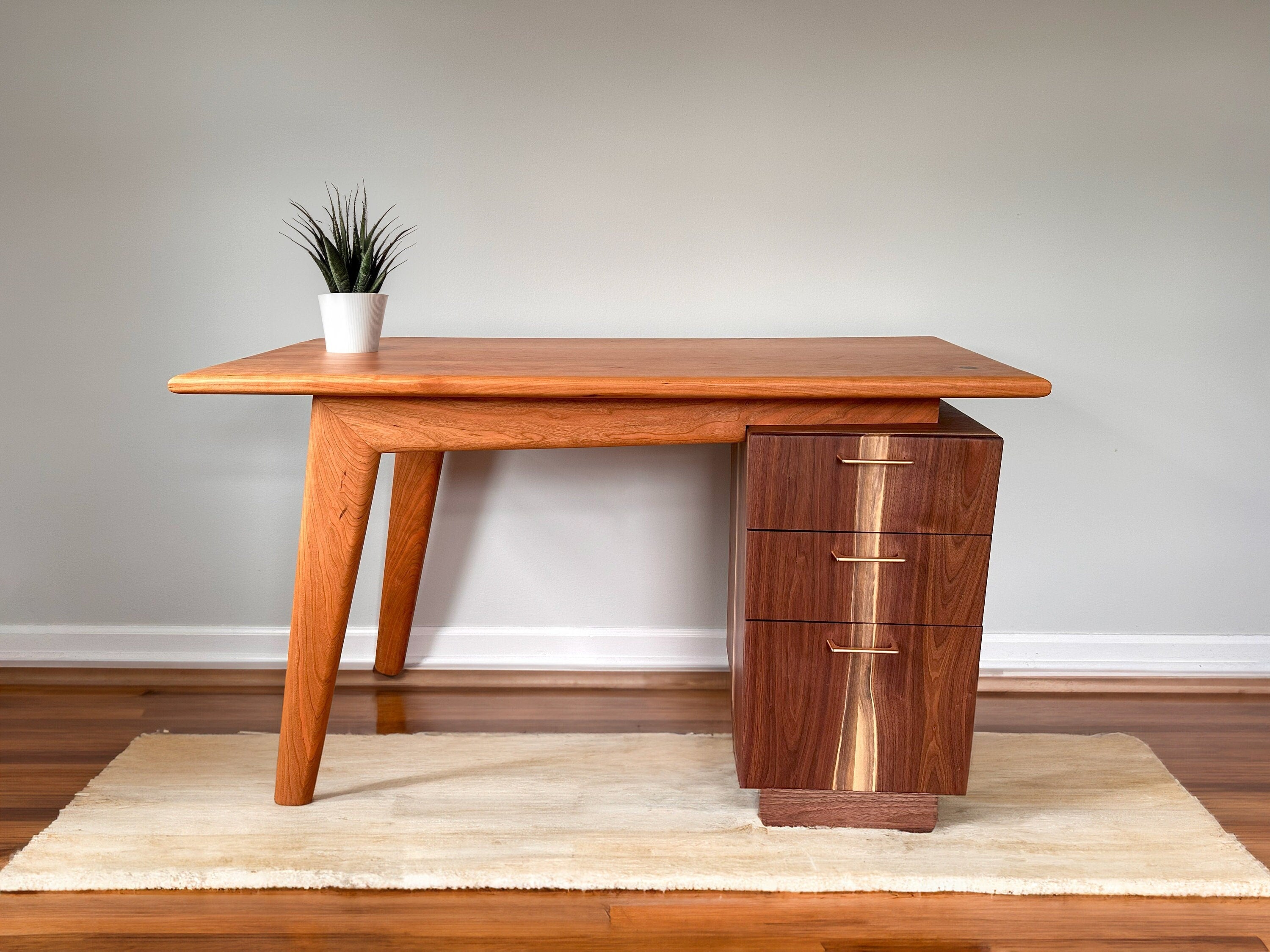 Handcrafted Cherry & Walnut 3 Drawer Wooden Desk, Custom Mid Century Modern Wood Desk, Solid Wood with Sleek Legs and Dovetail Drawers