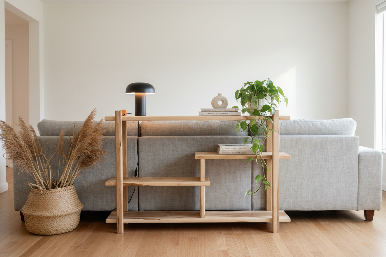 Live-Edge Bookshelf as Sofa Console — Front View