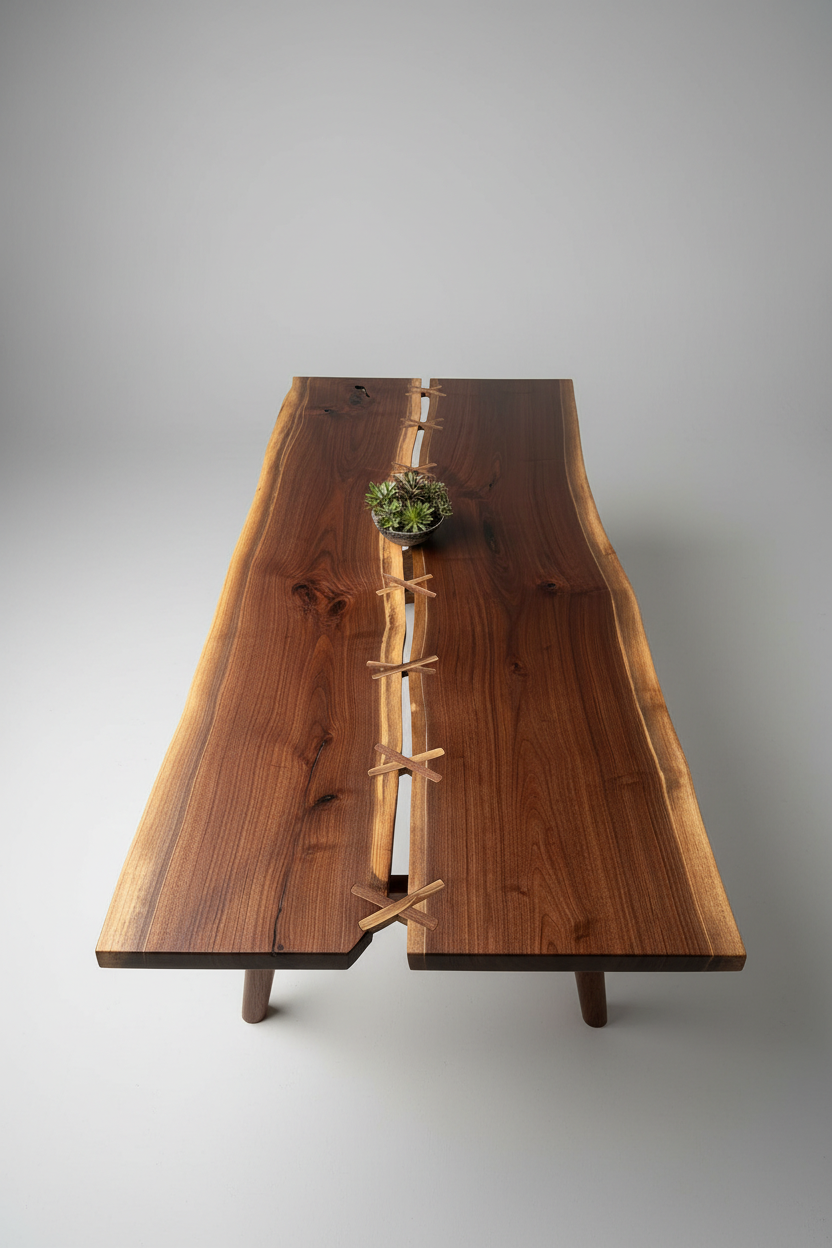 Live-edge walnut table – top-down studio view