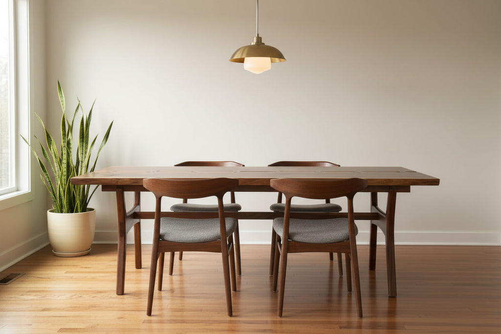 Dining room with wooden table and chairs, plant, and pendant light.