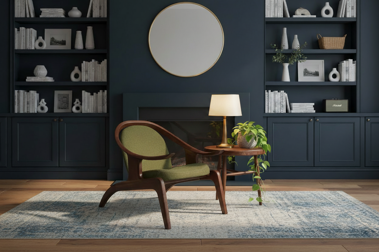 Side Table with Brass Lamp and Plant