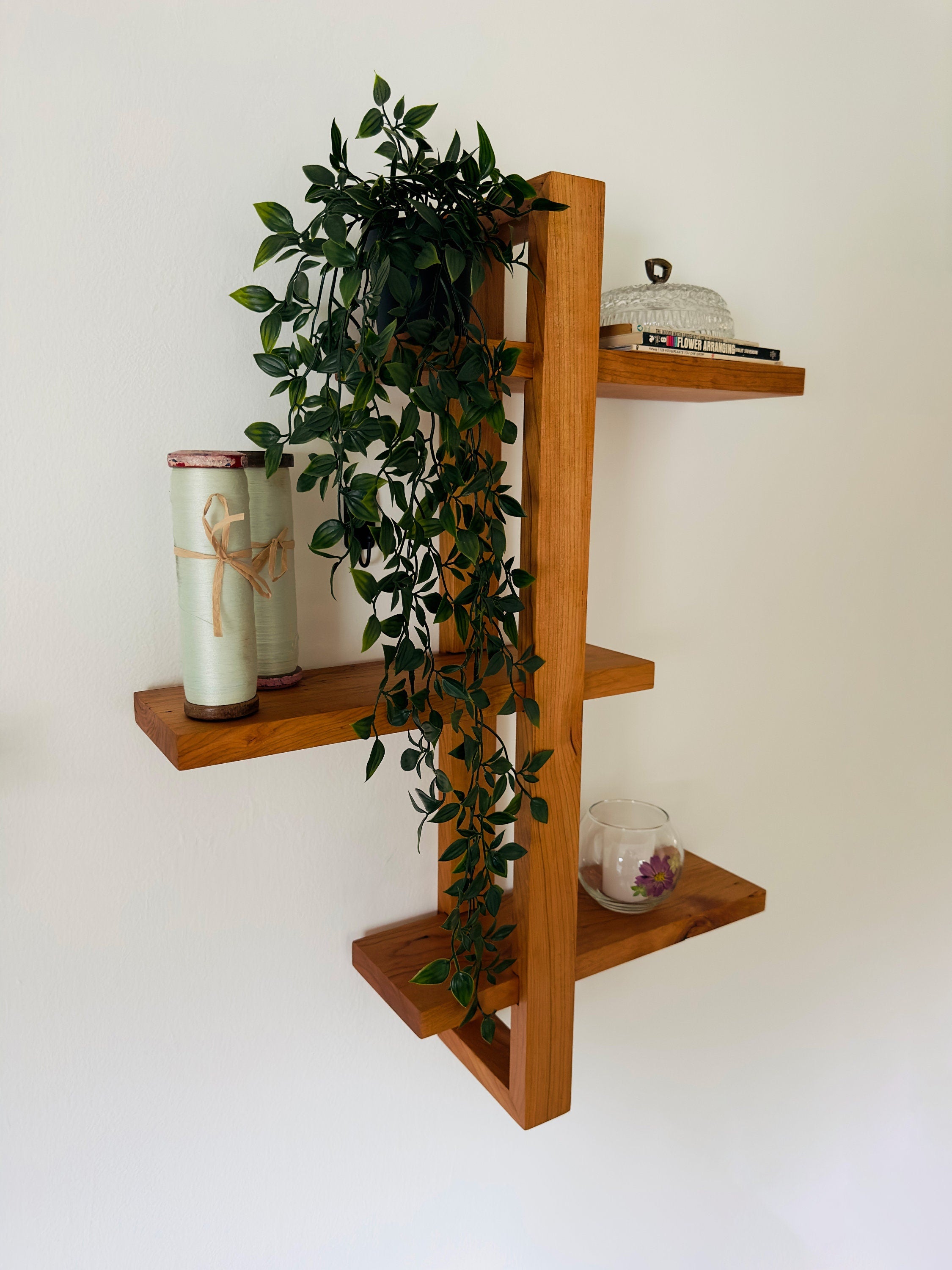 Solid Wood Shift Wall Shelf for Plants, Books, and Photos. Adjustable Mid Century Design, Scandinavian Modern Bookshelf
