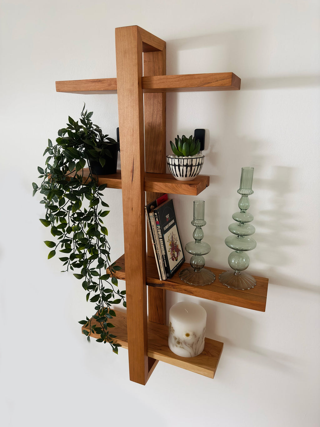 Solid Wood Shift Wall Shelf for Plants, Books, and Photos. Adjustable Mid Century Design, Scandinavian Modern Bookshelf